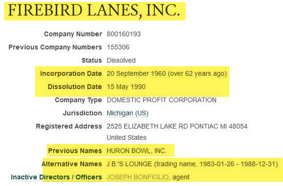 Firebird Lanes (Huron Bowl, JBs Lounge) - Firebird Lanes Corporate Registration